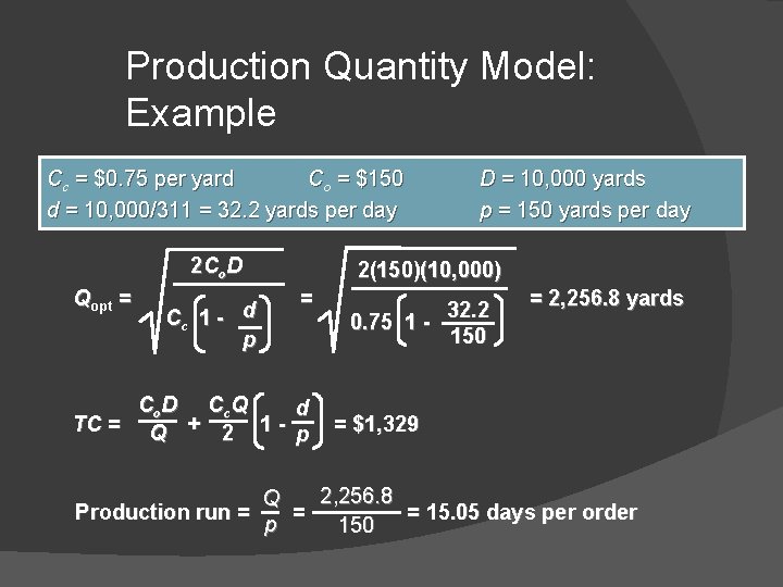 Production Quantity Model: Example Cc = $0. 75 per yard Co = $150 d