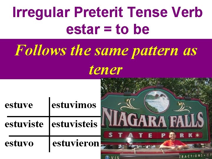 Irregular Preterit Tense Verb estar = to be Follows the same pattern as tener