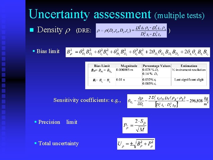 Uncertainty assessment (multiple tests) n Density r (DRE: § Bias limit Sensitivity coefficients: e.