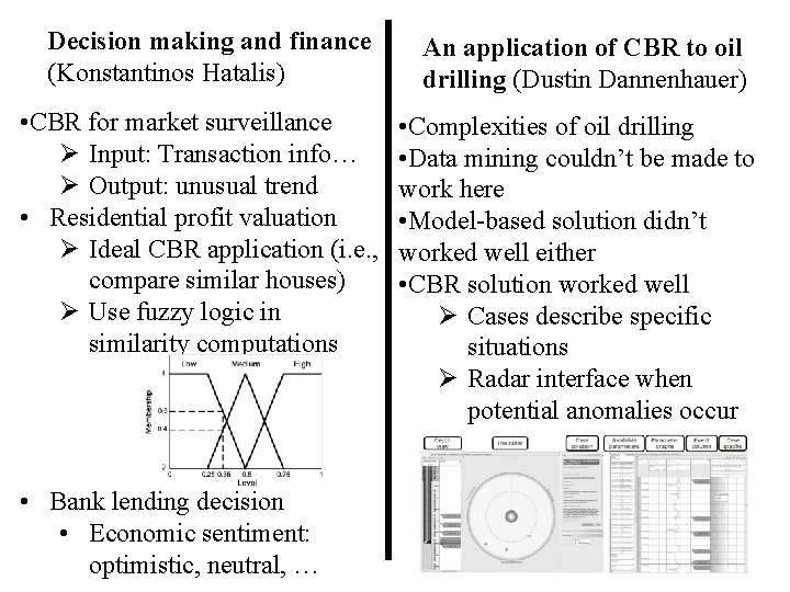 Decision making and finance (Konstantinos Hatalis) An application of CBR to oil drilling (Dustin