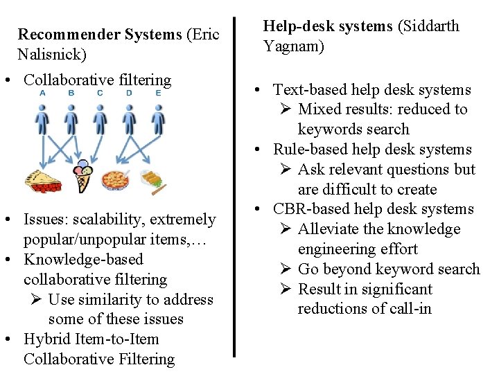 Recommender Systems (Eric Nalisnick) • Collaborative filtering • Issues: scalability, extremely popular/unpopular items, …