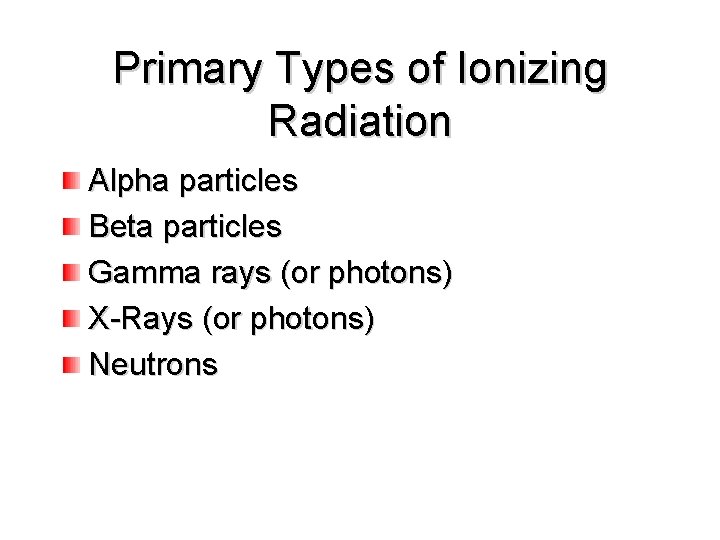 Primary Types of Ionizing Radiation Alpha particles Beta particles Gamma rays (or photons) X-Rays