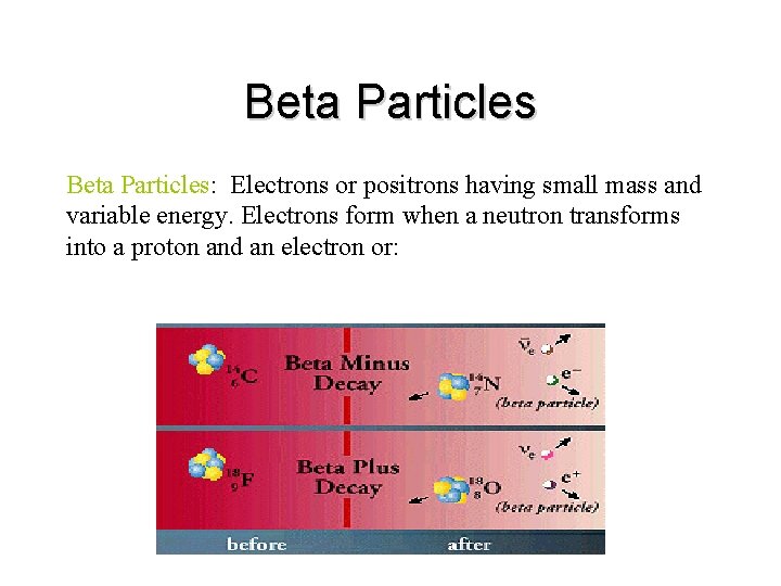Beta Particles: Electrons or positrons having small mass and variable energy. Electrons form when