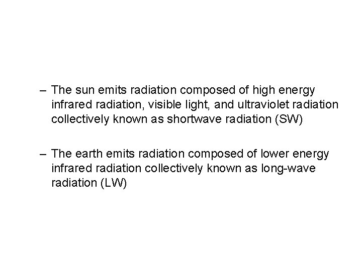 – The sun emits radiation composed of high energy infrared radiation, visible light, and