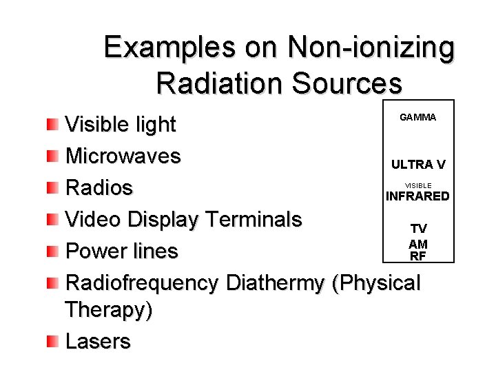 Examples on Non-ionizing Radiation Sources Visible light Microwaves ULTRA V Radios INFRARED Video Display