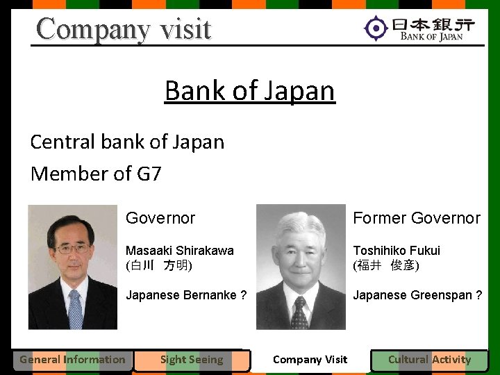 Company visit Bank of Japan Central bank of Japan Member of G 7 General