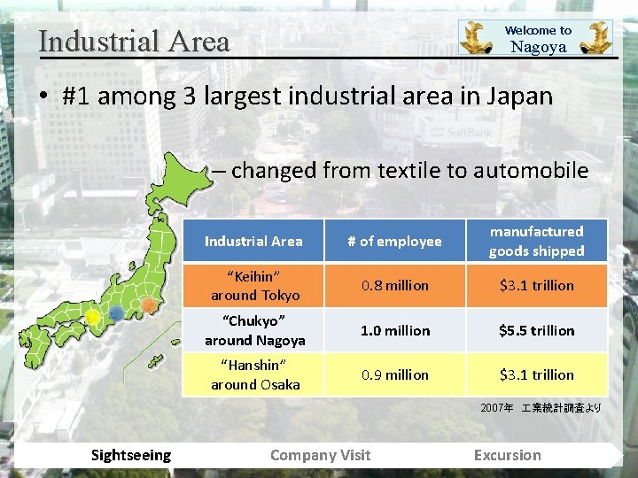 Industrial Area Welcome to Nagoya • #1 among 3 largest industrial area in Japan