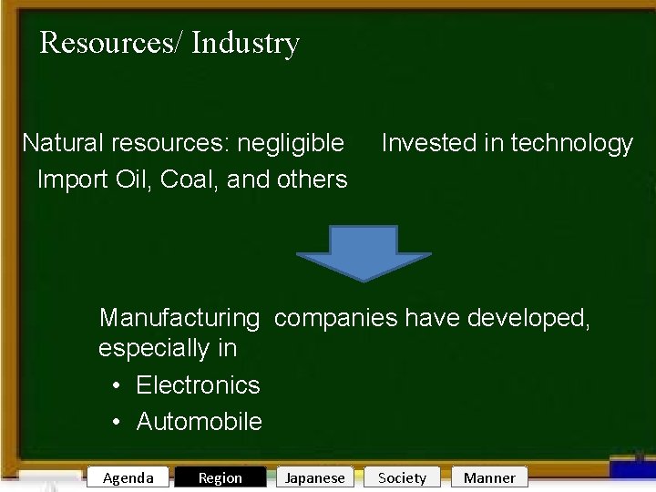 Resources/ Industry Natural resources: negligible Import Oil, Coal, and others Welcome to Nagoya Invested