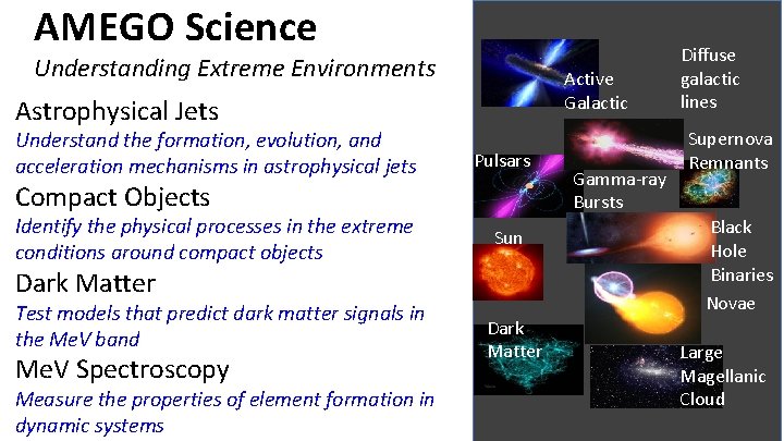 AMEGO Science Understanding Extreme Environments Active Galactic Nuclei Astrophysical Jets Understand the formation, evolution,