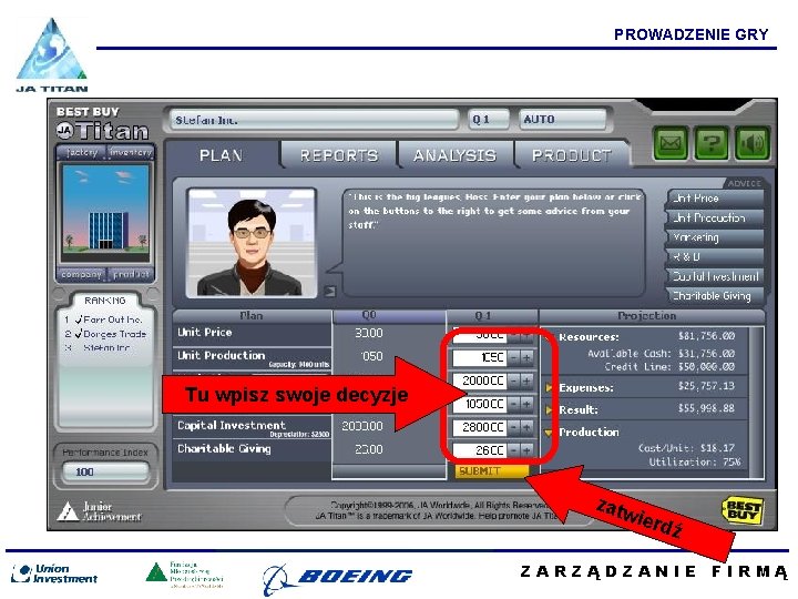 PROWADZENIE GRY Tu wpisz swoje decyzje zatw ierd ź ZARZĄDZANIE FIRMĄ 