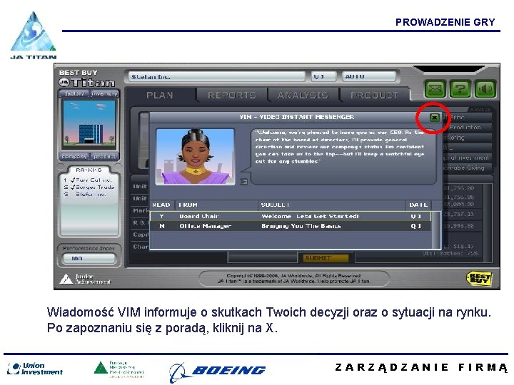 PROWADZENIE GRY Wiadomość VIM informuje o skutkach Twoich decyzji oraz o sytuacji na rynku.