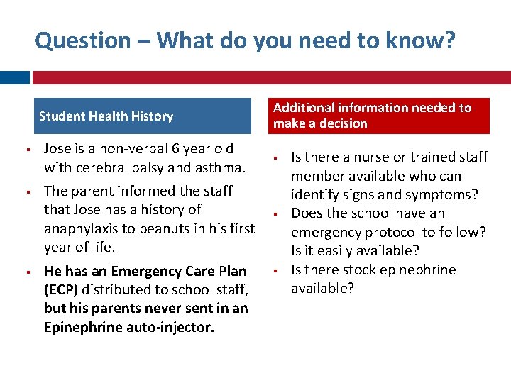 Question – What do you need to know? Student Health History Additional information needed