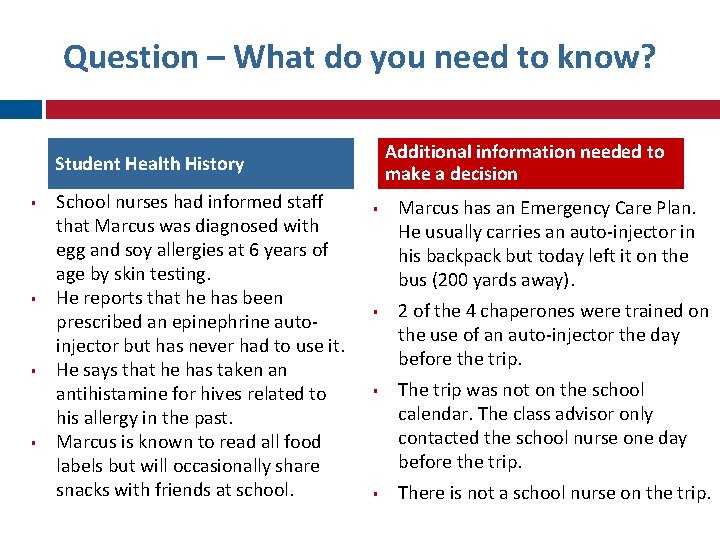 Question – What do you need to know? Additional information needed to make a