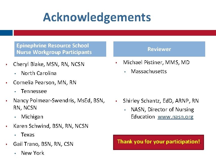 Acknowledgements Epinephrine Resource School Nurse Workgroup Participants Cheryl Blake, MSN, RN, NCSN • North