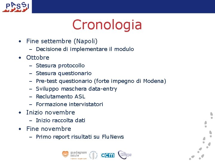 Cronologia • Fine settembre (Napoli) – Decisione di implementare il modulo • Ottobre –