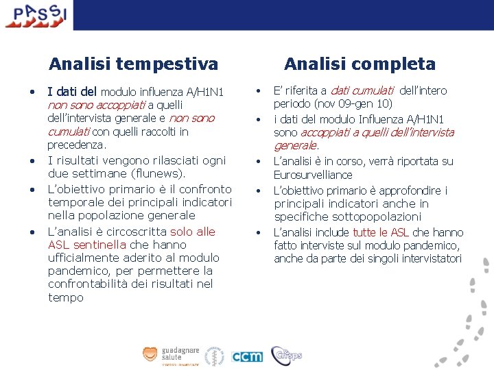 Analisi tempestiva • • I dati del modulo influenza A/H 1 N 1 non