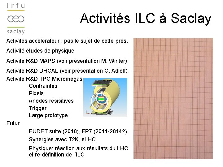 Activités ILC à Saclay Activités accélérateur : pas le sujet de cette prés. Activité