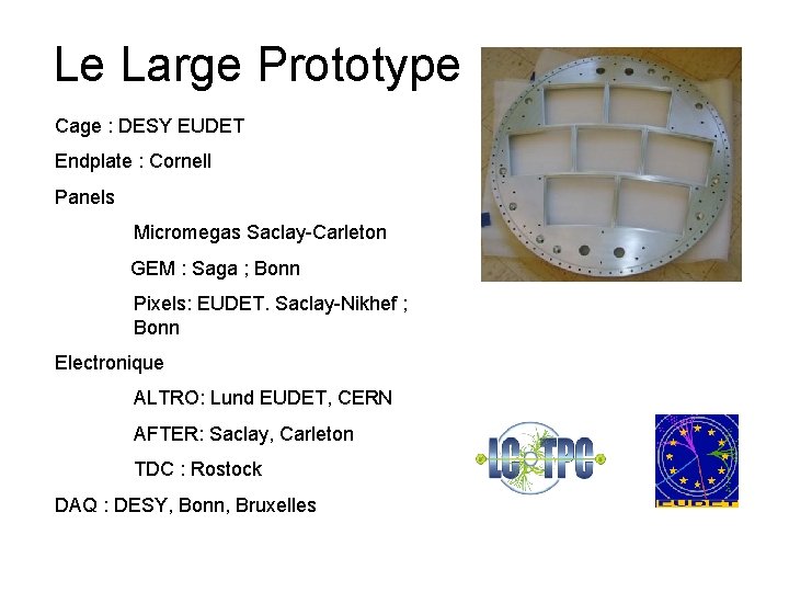 Le Large Prototype Cage : DESY EUDET Endplate : Cornell Panels Micromegas Saclay-Carleton GEM