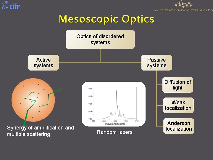 Mesoscopic Optics of disordered systems Active systems Passive systems Diffusion of light Weak localization