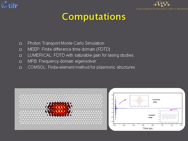 Computations � � � Photon Transport Monte Carlo Simulation MEEP: Finite difference time domain