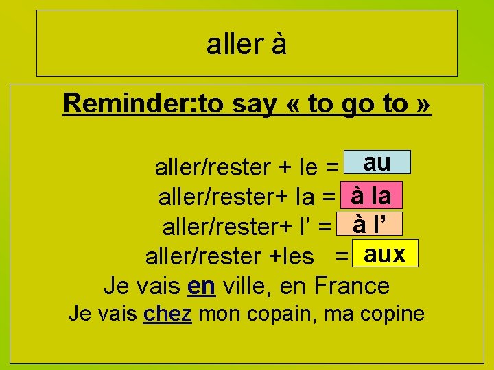 aller à Reminder: to say « to go to » aller/rester + le =