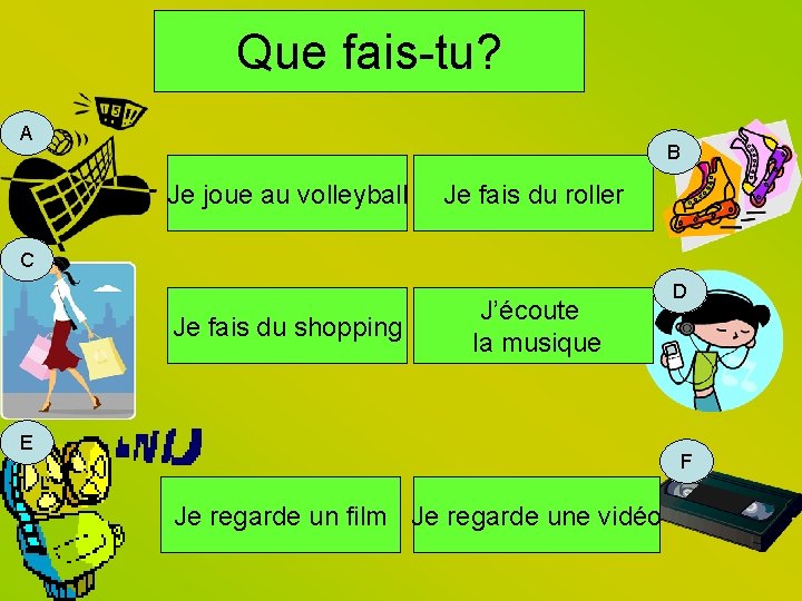 Que fais-tu? A B Je joue au volleyball Je fais du roller C Je
