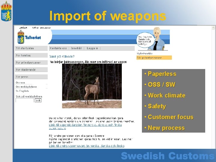 Import of weapons • Paperless • OSS / SW • Work climate • Safety