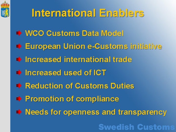 International Enablers WCO Customs Data Model European Union e-Customs initiative Increased international trade Increased