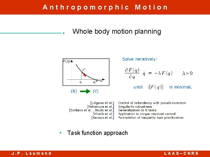 Anthropomorphic Motion Whole body motion planning • Task function approach J. P. Laumond LAAS–CNRS