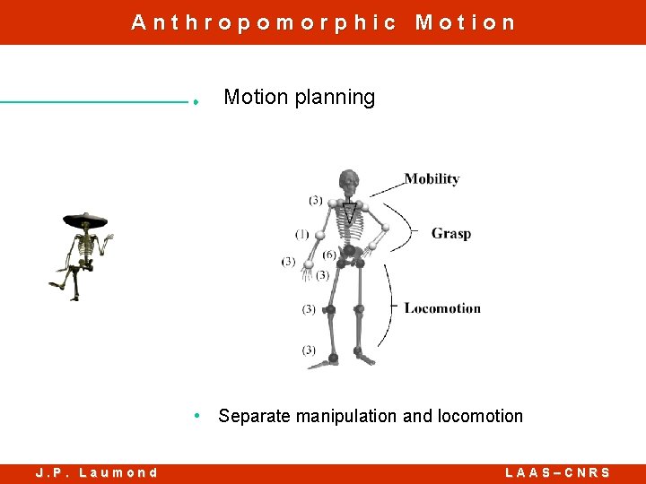 Anthropomorphic Motion planning • Separate manipulation and locomotion J. P. Laumond LAAS–CNRS 
