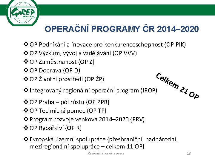 OPERAČNÍ PROGRAMY ČR 2014– 2020 v OP Podnikání a inovace pro konkurenceschopnost (OP PIK)