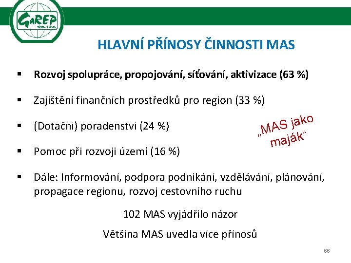 HLAVNÍ PŘÍNOSY ČINNOSTI MAS § Rozvoj spolupráce, propojování, síťování, aktivizace (63 %) § Zajištění