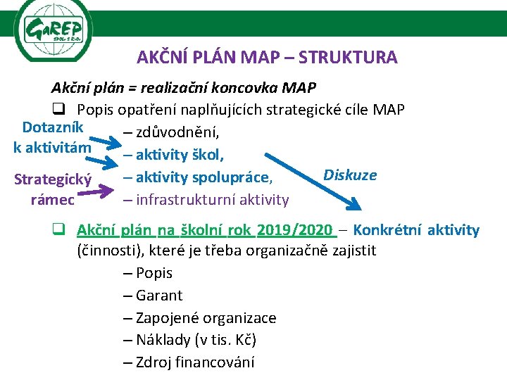 AKČNÍ PLÁN MAP – STRUKTURA Akční plán = realizační koncovka MAP q Popis opatření