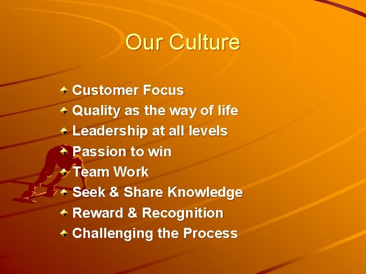 Our Culture Customer Focus Quality as the way of life Leadership at all levels