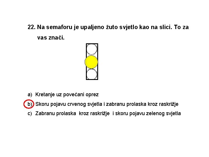 22. Na semaforu je upaljeno žuto svjetlo kao na slici. To za vas znači.