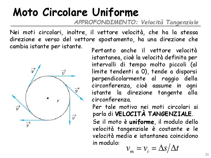 Moto Circolare Uniforme APPROFONDIMENTO: Velocità Tangenziale Nei moti circolari, inoltre, il vettore velocità, che