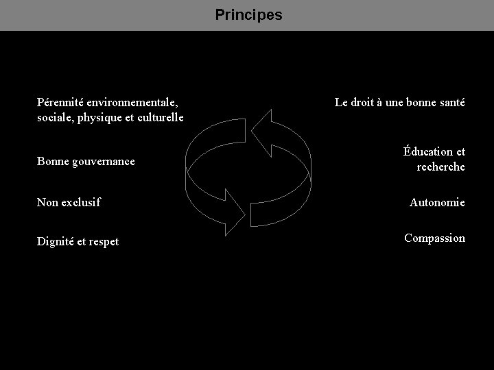 Principes Pérennité environnementale, sociale, physique et culturelle Bonne gouvernance Non exclusif Dignité et respet