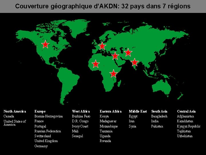 Couverture géographique d’AKDN: 32 pays dans 7 régions North America Canada United States of