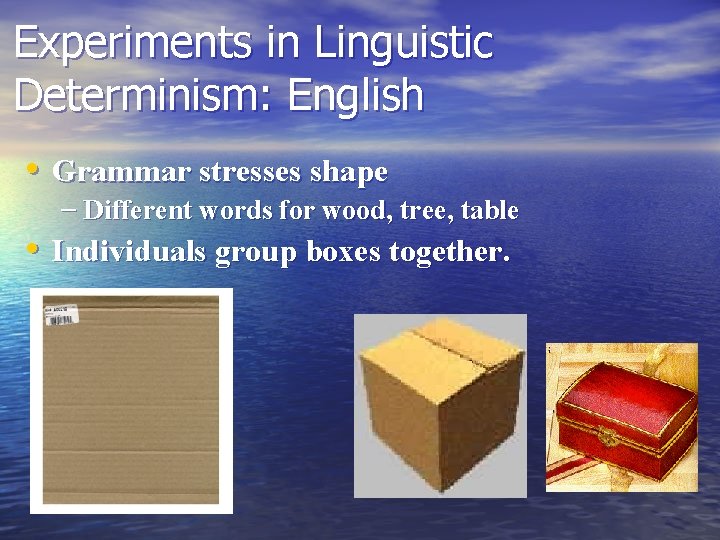 Experiments in Linguistic Determinism: English • Grammar stresses shape – Different words for wood,