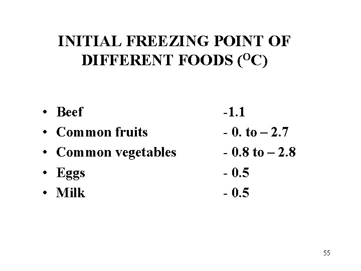 INITIAL FREEZING POINT OF DIFFERENT FOODS (OC) • • • Beef Common fruits Common