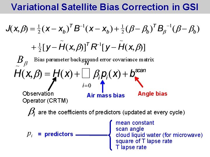 Variational Satellite Bias Correction in GSI Bias parameter background error covariance matrix Observation Operator