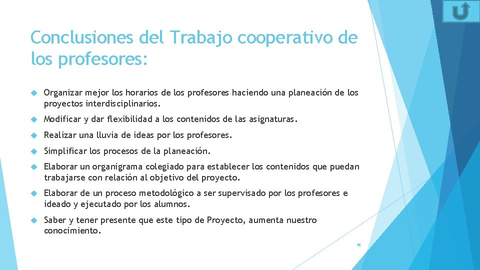 Conclusiones del Trabajo cooperativo de los profesores: Organizar mejor los horarios de los profesores