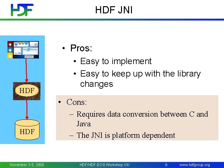 HDF JNI • Pros: HDF • Easy to implement • Easy to keep up