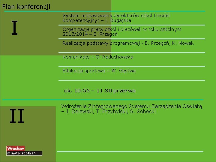 Plan konferencji I System motywowania dyrektorów szkół (model kompetencyjny) – I. Bugajska Organizacja pracy