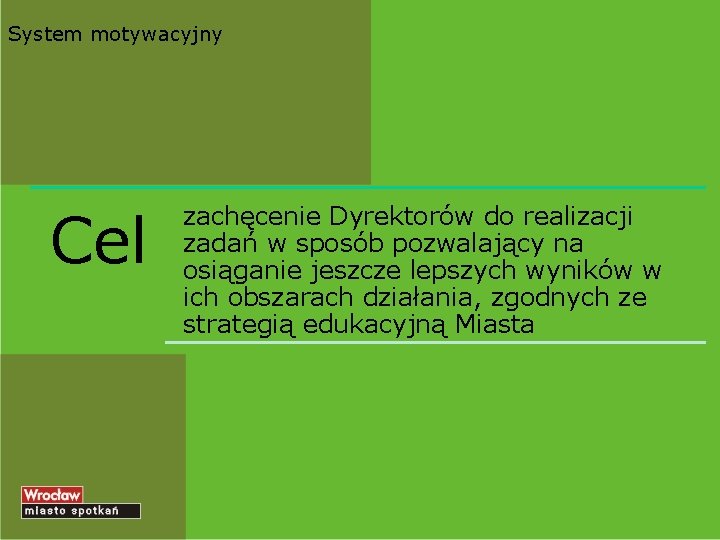 System motywacyjny Cel zachęcenie Dyrektorów do realizacji zadań w sposób pozwalający na osiąganie jeszcze