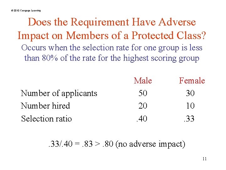 © 2010 Cengage Learning Does the Requirement Have Adverse Impact on Members of a