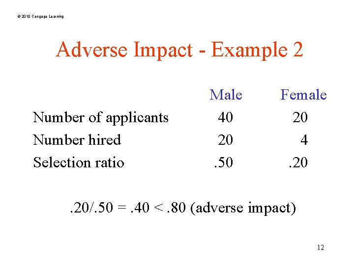 © 2010 Cengage Learning Adverse Impact - Example 2 Number of applicants Number hired