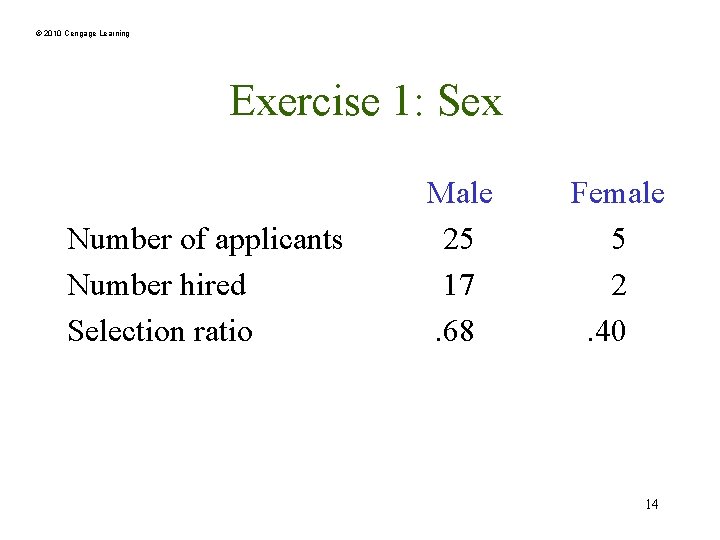 © 2010 Cengage Learning Exercise 1: Sex Number of applicants Number hired Selection ratio