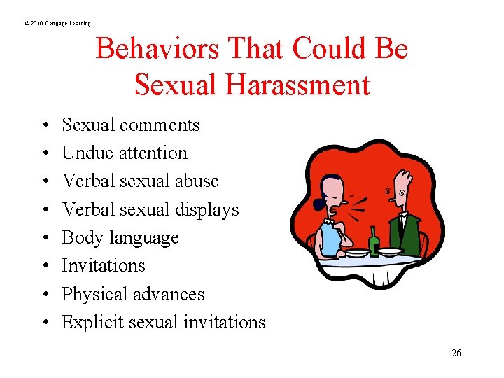 © 2010 Cengage Learning Behaviors That Could Be Sexual Harassment • • Sexual comments