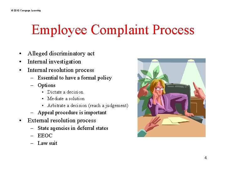 © 2010 Cengage Learning Employee Complaint Process • Alleged discriminatory act • Internal investigation